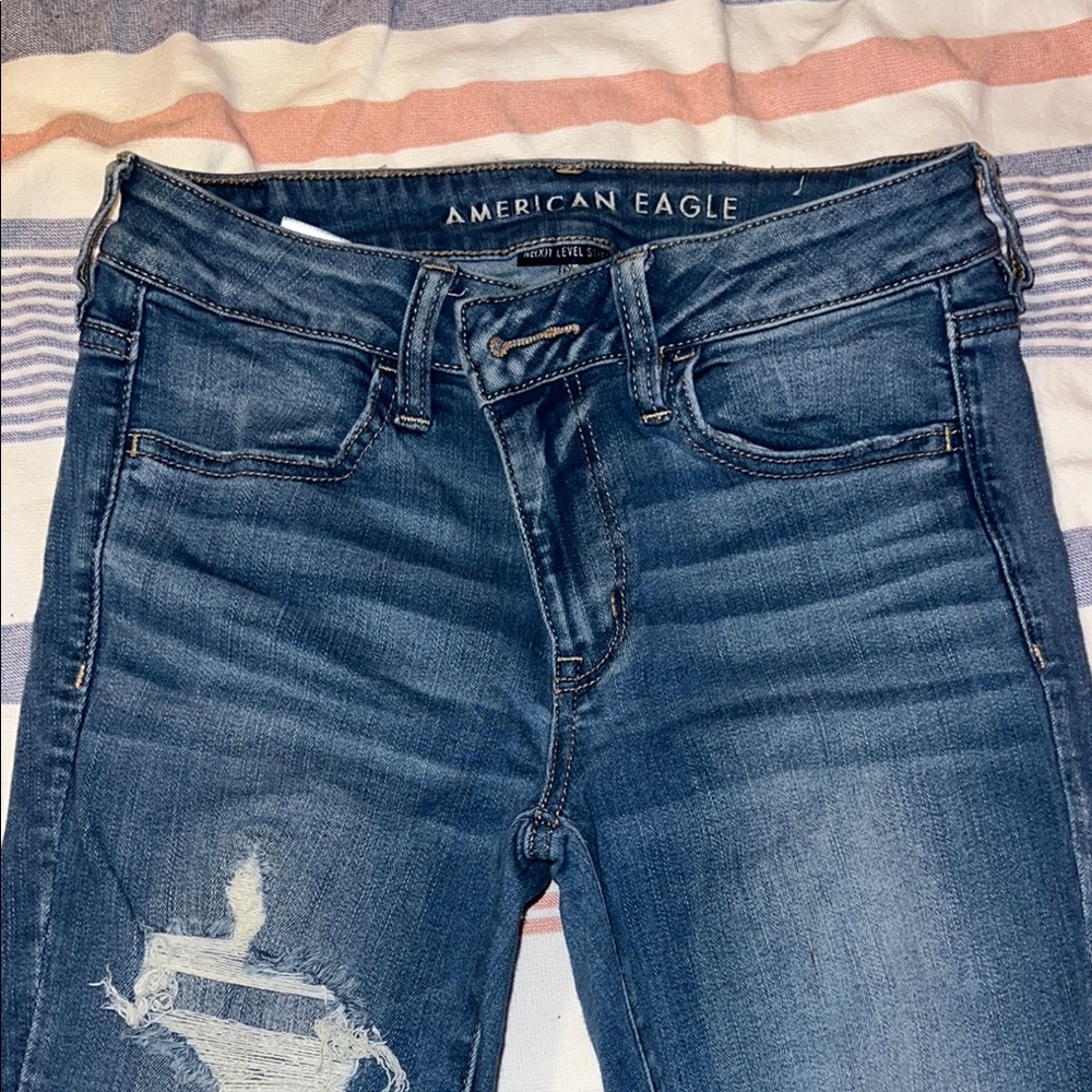 American Eagle Outfitters Blue Skinny Jeans with Distressed Details